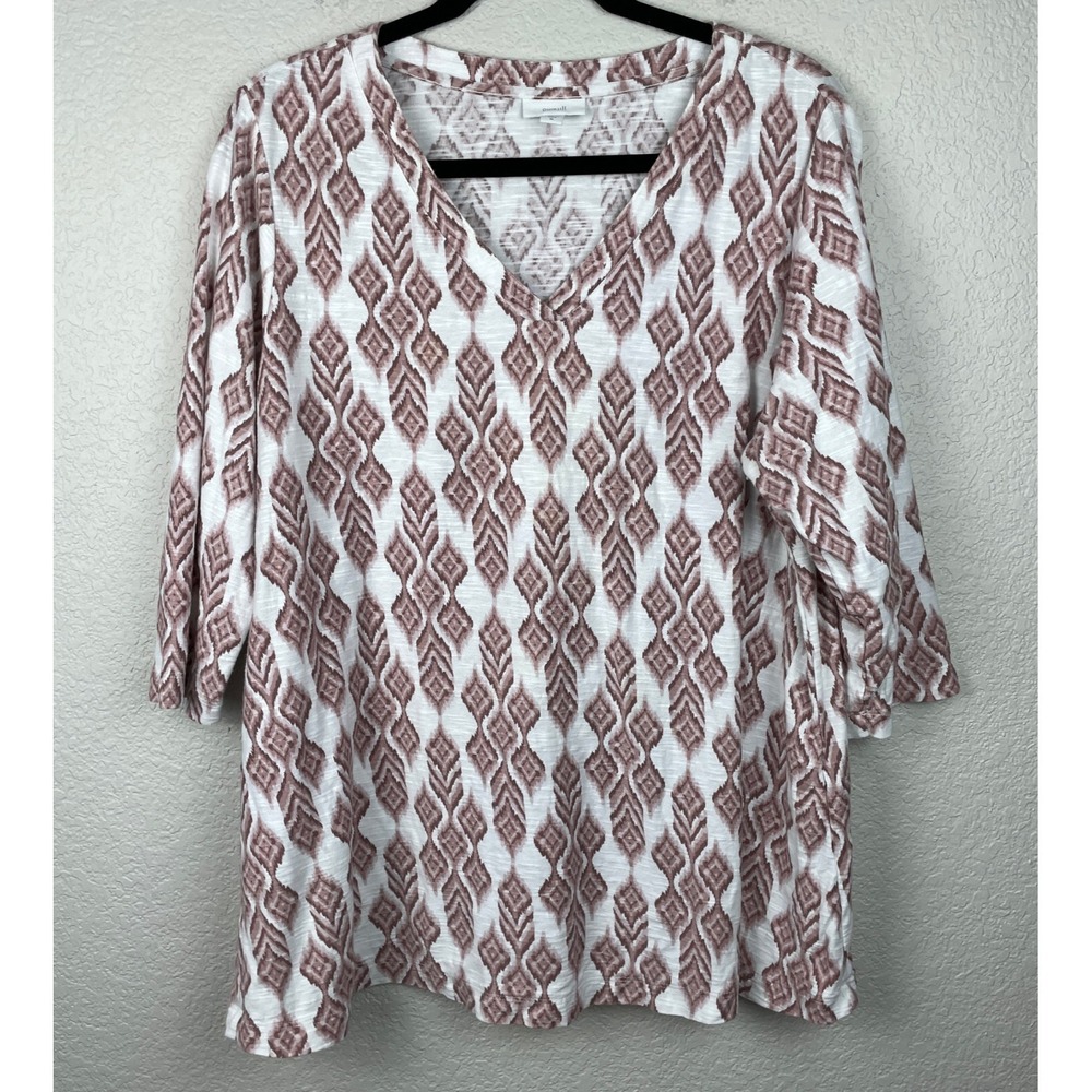 Pure J Jill Top Womens XL Geometric 3/4‎ Sleeve V-Neck Tee Shirt Beachy Bohemian